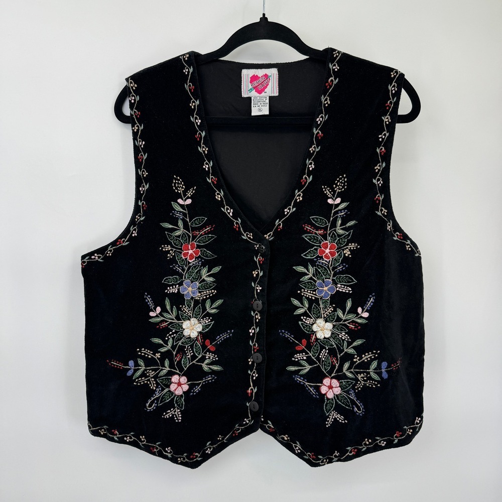 Keren Hart Velvet Vest Women XL Black Floral Embroidered Button Cottagecore - Picture 4 of 13